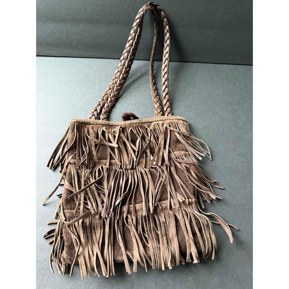 Handcrafted Cowhide Natural Leather Suede Fringe Boho Hippie Brown Shoulder Bag - Picture 4 of 6